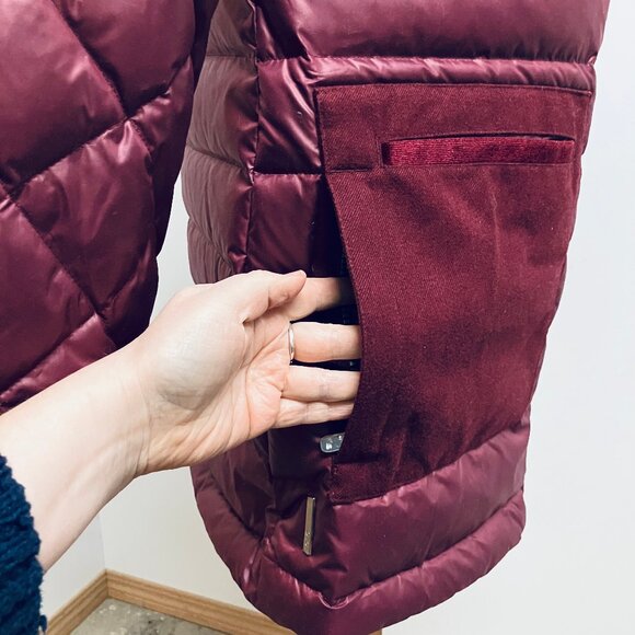 Lole Down Mid Length Quilted Coat Velvet Trim Puffer Burgundy NWOT - Picture 4 of 11